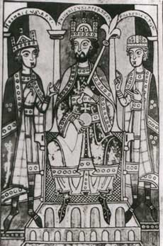 Фридрих Барбаросса со своими сыновьями-королем Генрихом VI (по правую руку) и герцогом Фридрихом Швабским (миниатюра XII века)
