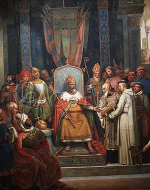 Карл Великий принимает ученого Алкуина, фактически министра образования империи